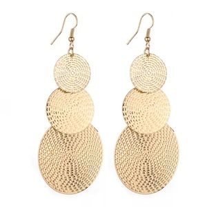 Gold tone dangle disc earrings 3”
